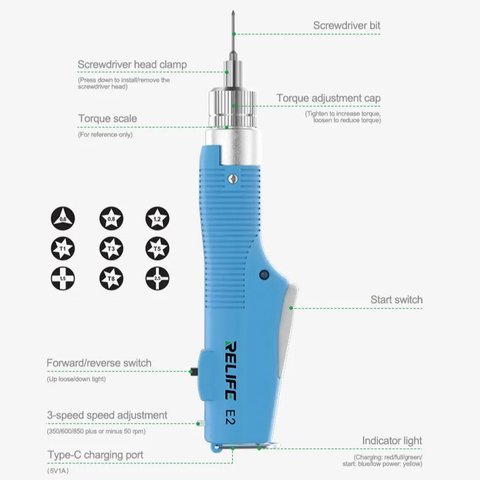 Беспроводная электрическая отвертка RELIFE E2, с контролем вращения, Li-ion 1000mAh, 350/600/850 RPM Превью 5