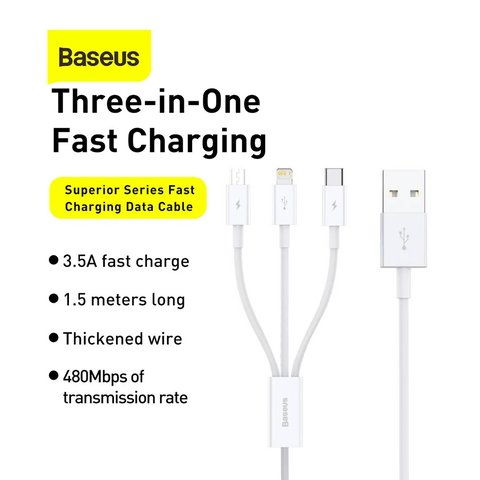 USB кабель Baseus Superior, USB тип-C, USB тип-A, micro-USB тип-B, Lightning, 150 см, 3,5 А, білий, силіконовий, 3 в 1, #CAMLTYS-02 Прев'ю 2